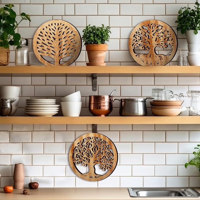 3 Pcs Life Tree Wooden Trivets for Hot Dishes 8 Rustic Round Tree Trivet Set Hot Plate Holders Heat Resistant Polite Trees Coasters for Table Dishes Pots and Pans(Light Wood Color)