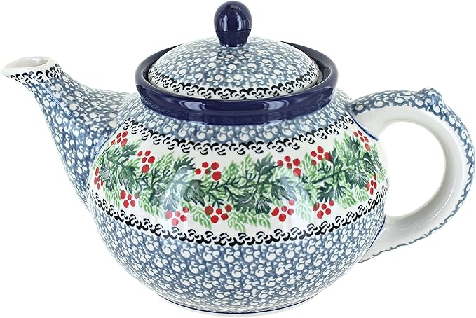 Blue Rose Polish Pottery - Blue Noelle Medium Teapot - 4 Cup Capacity - Ceramic Holiday Teapot, Festive Christmas Design for Serving Tea, Coffee or Hot Cocoa