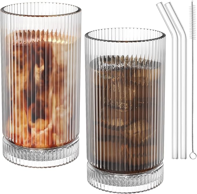 15 Oz Glass Cups with Straws, Vintage Glassware for Whiskey Cocktail Beer, Iced Coffee Cups and Drinking Glassare (2 PACK