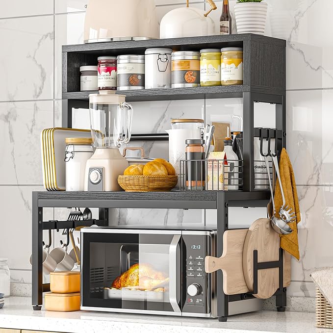 EnHomee Microwave Stand, 4-Tier with 9 Hooks for Kitchen Countertop Organizer, 205LBS Microwave Shelf, Adjustable Kitchen Shelves Microwave Stand with Storage and Microwave Oven Rack (Black)