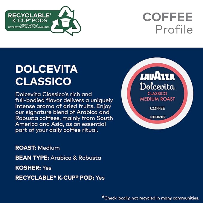 Lavazza Dolcevita Classico Keurig K-Cup® Pods, Medium Roast, Arabica and Robusta Blend (88 Pods)