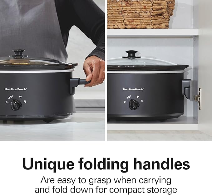 Hamilton Beach 6 Quart Slow Cooker with Space-Saving Folding Handles, 3 Heat Settings, Dishwasher Safe Stoneware Crock and Glass Lid, Black (33664)