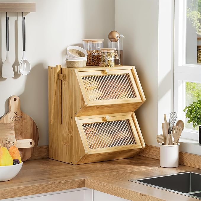 WOWLIVE Double Layer Bread Box for Kitchen Countertop, Large Bamboo Bread Storage Container for Homemade Bread, Farmhouse Bread Holder for Kitchen Counter Cabinet, Pantry, Cupboard (Natural, Medium)