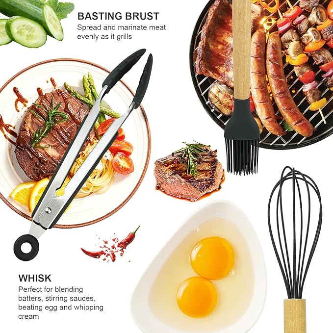 Silicone Cooking Utensils Kitchen Utensil Set - 446°F Heat Resistant Silicone Kitchen Utensils Set, Spatula,Turner Tongs, Spoon, Brush, Whisk,Kitchen Gadgets for Nonstick Cookware, BPA Free (Grey)
