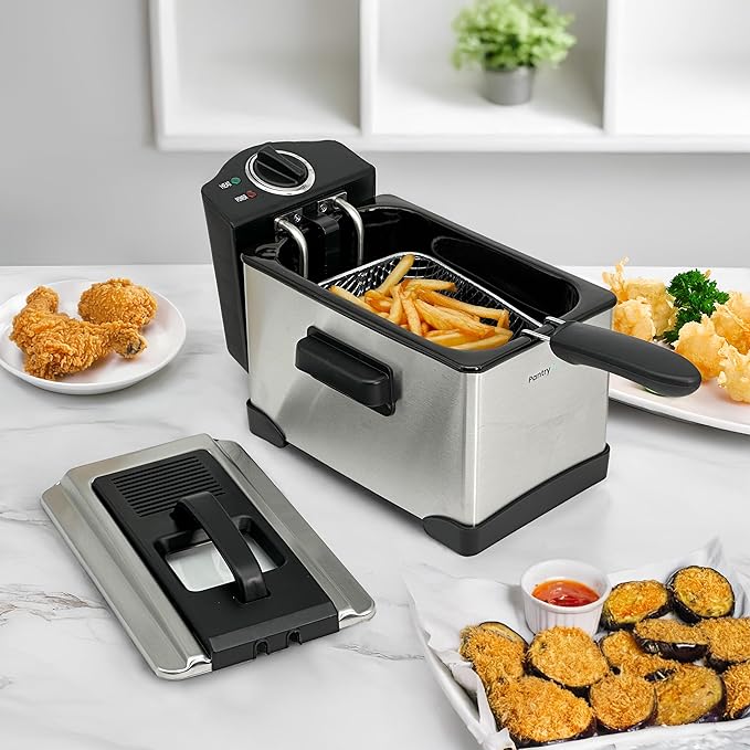 2 L / 2.1 Qt Stainless Steel Immersion Electric Deep Fryer 1400 W - Drip-Hook Basket - Precise Temperature Control - Lid w. Viewing Window - Odor Filter by TheDisplayGuys