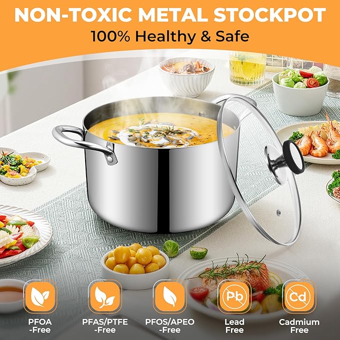Tri-Ply Stainless Steel Stock Pot, 6.5 Quart Heavy Duty Induction Cooking Pot with Visible Lid for Pasta, Soup, Spaghetti, Sturdy & Double Handle, Dishwasher Safe
