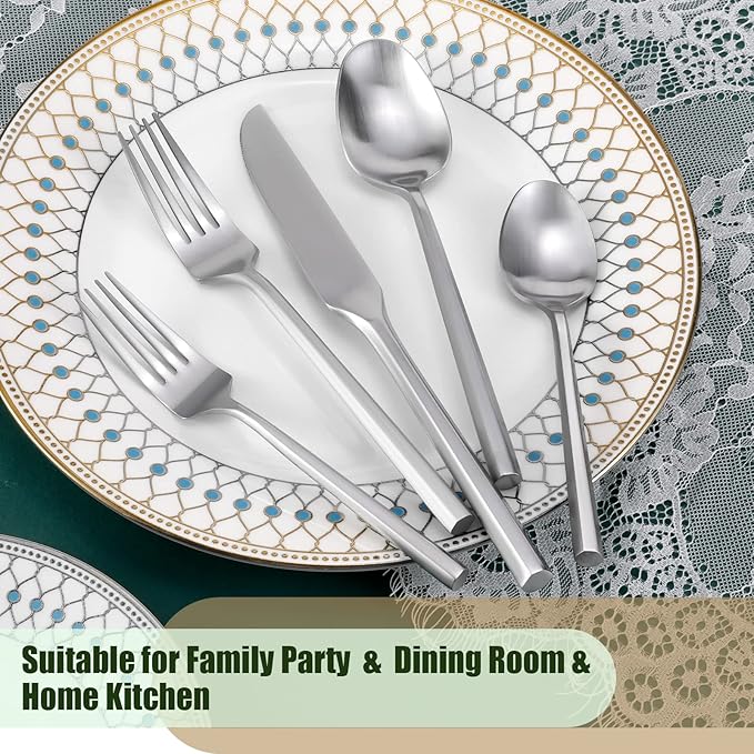 DEACORY Silverware Stainless Steel Flatware Set Matte Finished Cutlery Set Heavy Hexagon Handle Dishwasher Safe 20 Pieces Service for 4