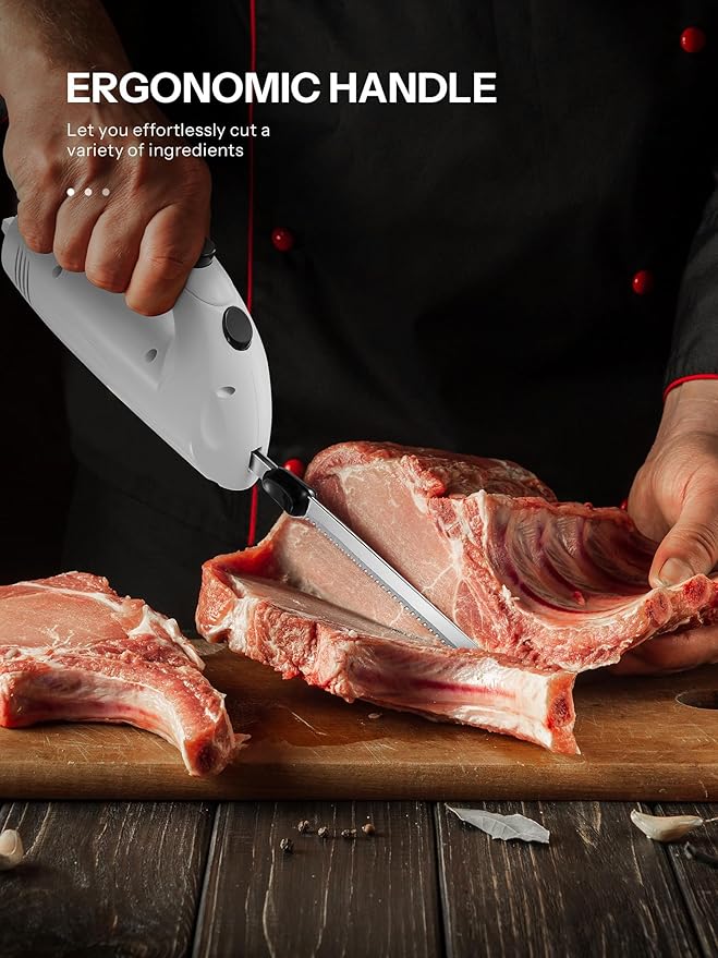 Reemix Electric Knife With Handle, 150W Powerful Electric Knife Set for Carving Meats, Poultry, Bread, Serving Fork and 2 Carving Blades Included (White with Handle)