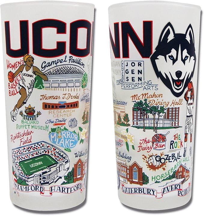 Catstudio Drinking Glass, University of Connecticut Glass Cup for Kitchen, 15oz Dishwasher Safe Tumbler for UConn Alumni
