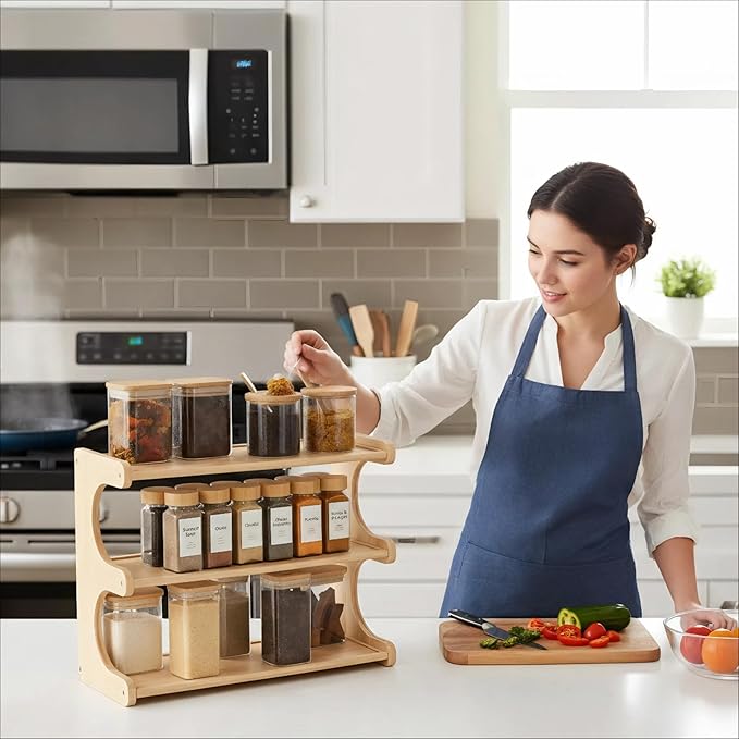 Spice Rack,3 Tier bamboo storage rack, Great for Kitchen, Countertop，countertop coffee station，Storeroom or Office,Space-Saving coffee bar accessories