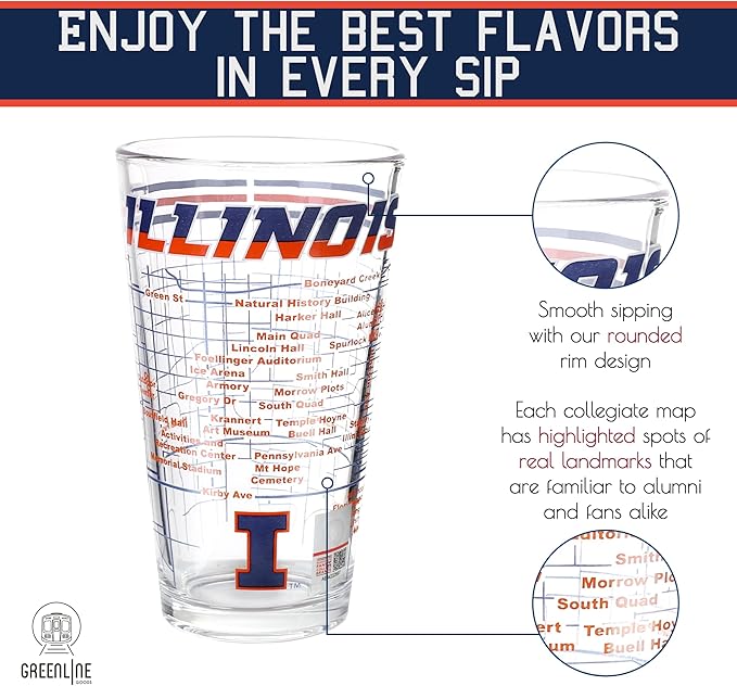 Greenline Goods – Illinois College Pint Beer Glasses (Set of 2), 16 oz – Full‑Color Logo + Campus Map