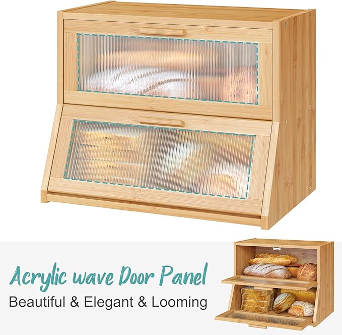 Bread Box for Kitchen Counter, Large Bamboo Wooden Double Layer Large Capacity Bread Storage Bin with Acrylic Wavy Door Panel (Natural)