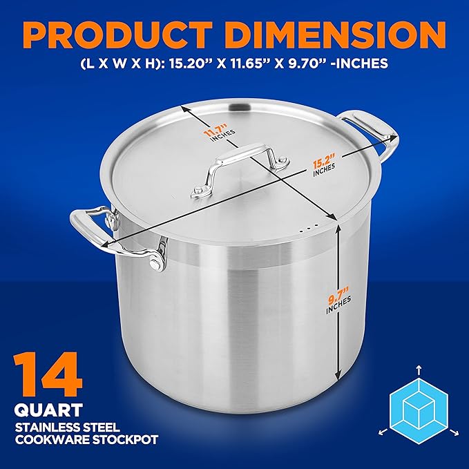 NutriChef Stainless Steel Cookware Stockpot - 14 Quart, Heavy Duty Induction Pot, Soup Pot with Stainless Steel Lid, Gas, Induction, Ceramic, Glass and Halogen Cooktops Compatible - NCSPT14Q