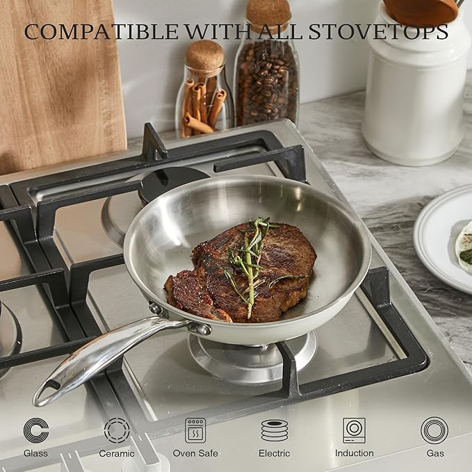 KITEXPERT 8" Tri-Ply Stainless Steel Frying Pan – PFOA-Free, Beige Ceramic Exterior, Stainless Steel Handle, Dishwasher & Oven Safe, Compatible with All Stovetops
