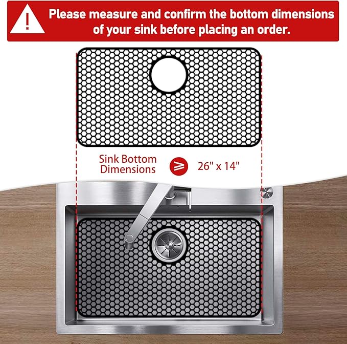Silicone Sink Protectors for Kitchen Sink with Rear Drain - 26"x 14" Kitchen Protector Accessory, Non-Slip Heat Resistant Grid Mat for Bottom of Farmhous Stainless Steel (Rear Hole, Black)
