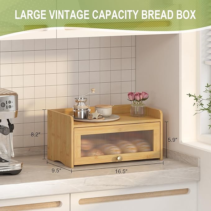 Vintage Bread Box for Kitchen Countertop Large Farmhouse Bread Storage Container under Cabinet Mount Bamboo Breadbox Organizer with Window for Homemade Bread (Bamboo)
