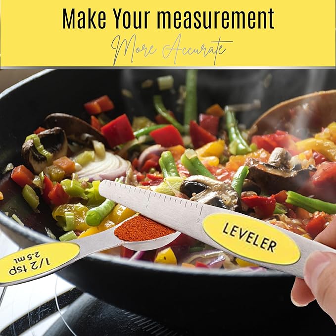 Magnetic Measuring Spoons Set of 9 Stainless Steel Dual-Sided Stackable Measuring Spoon Nesting Teaspoons Measuring Dry and Liquid Ingredients, Fits in Spice Jars Set of 9 (Yellow)