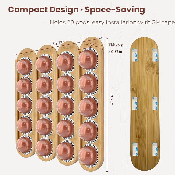 Bamboo Coffee Pod Holder, Adhesive Wall Mount for Cabinet Door, 20-Capsule Storage (Set of 4) — Vertical/Horizontal — Compatible with Nespresso Vertuo Line-Bamboo Brown