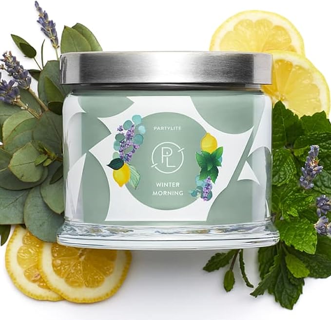 PartyLite 3-Wick Jar Candle, Highly Fragranced Clean Burning Glass Candle, 25-45 Hours Burn Time (Winter Morning)
