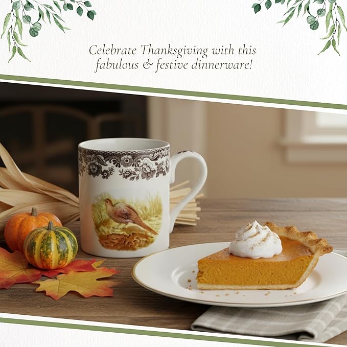 Spode Woodland Pheasant 16 oz Mug - Fine Porcelain Rustic Drinkware with Historic Brown Floral Border, Microwave, Oven, Freezer & Dishwasher Safe - British Country Style for Fall and Thanksgiving Use