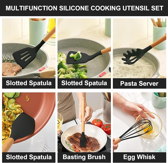 Silicone Cooking Utensils Kitchen Utensil Set - 446°F Heat Resistant Silicone Kitchen Utensils Set, Spatula,Turner Tongs, Spoon, Brush, Whisk,Kitchen Gadgets for Nonstick Cookware, BPA Free (Grey)