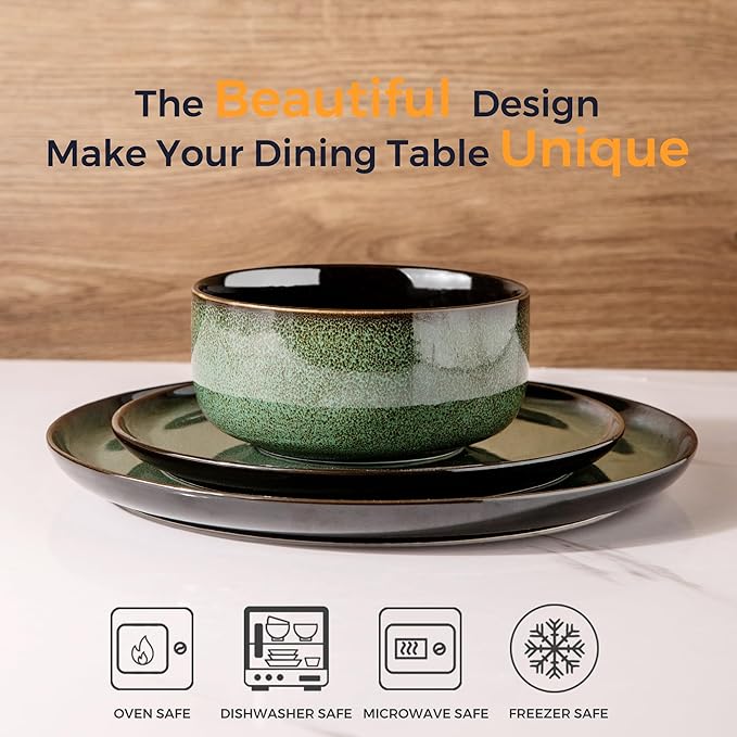 LERATIO Ceramic Dinnerware Set for 4, Poreclain Plates, Bowls, Handmade Reactive Glaze Dishes, Chip Resistant, Oven & Dishwasher Safe, Service for 4