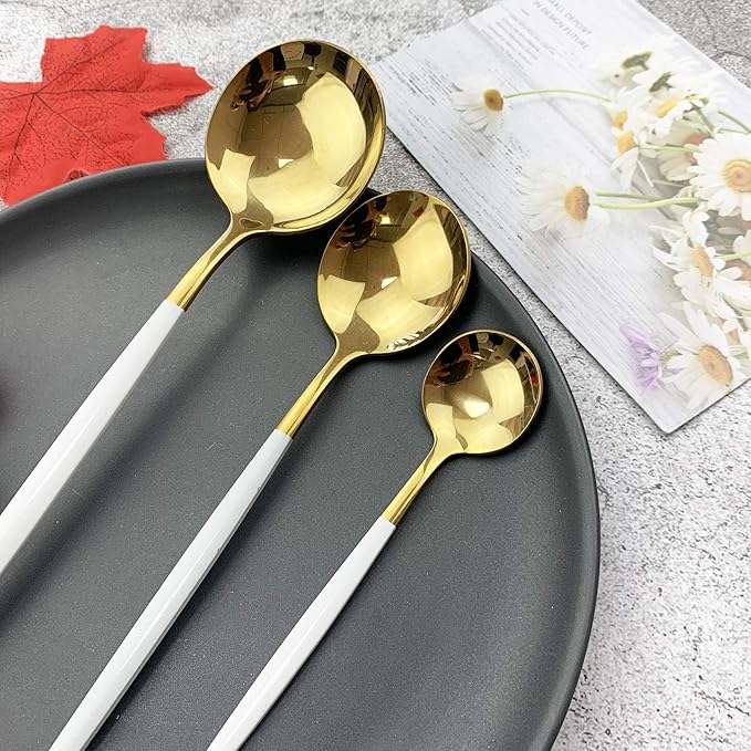JASHII 18/10 Silver Silverware Set Stainless Steel Flatware Utensils Set Gold Cutlery Set| 36-Piece Modern Cubiertos Dorados| BEST Birthday Wedding Gift (6 sets, White Handle Gold Mirror Polish)