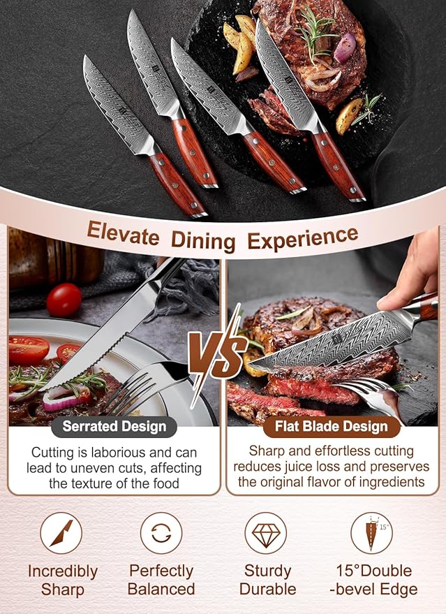XINZUO Steak Knife Set of 4,Damascus Kitchen Steak Knife Set,5 Inch Dinner Knife Set-Table Knives,Non Serrated Steak Knives,Razor-Sharp Dinner Knives with Ergonomic Rosewood Handle,Gift Box