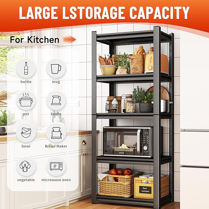 Kitchen Storage Rack，5 Tier Shelving Unit，Metal Adjustable Shelf，1650LBS Steel Shelving Rack，Storage Racks for Kitchen Bathroom Pantry Closet Laundry (5TIER-13.8" D*19.7" W*54" H)
