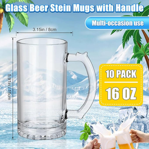 10 Pcs Beer Mugs with Handles 16 Ounce Clear Glass Beer Mugs Steins German Large Heavy Cups for Tea, Coffee, Root Floats, Dishwasher and Refrigerator Safe, Durable