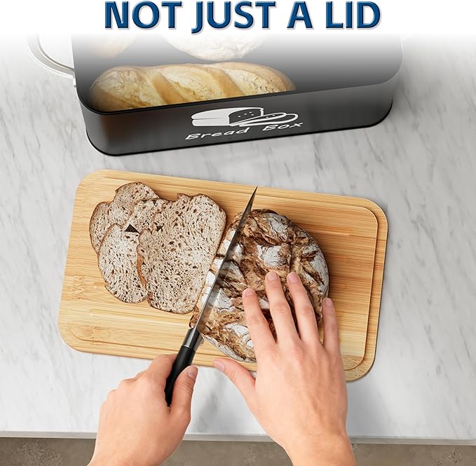 Metal Bread Box with Bamboo Cutting Board Lid, Bread Storage Container, Modern Kitchen Organizer for Sourdough, Buns, and Loaves (Black)