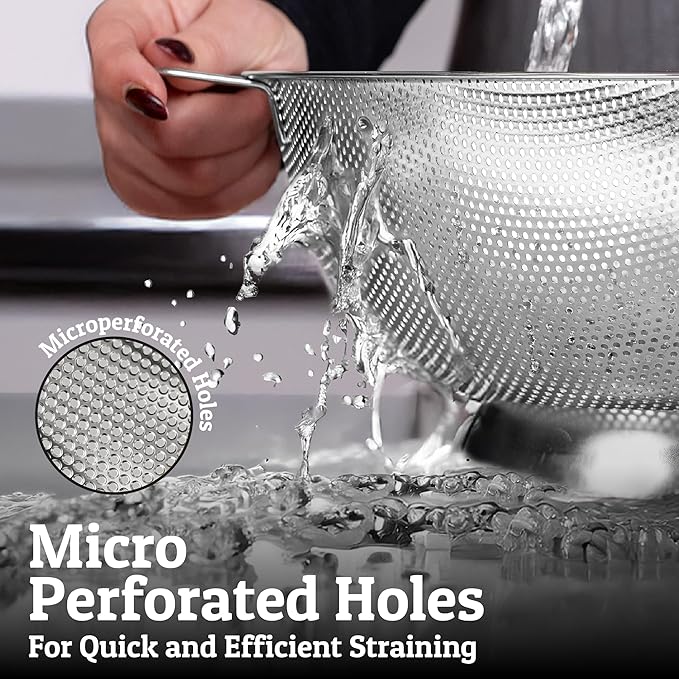 PriorityChef Premium 6Qrt Stainless Steel Colander for Kitchen, Durable Rice and Pasta Strainer with Handle, Rust-Resistant & Dishwasher Safe