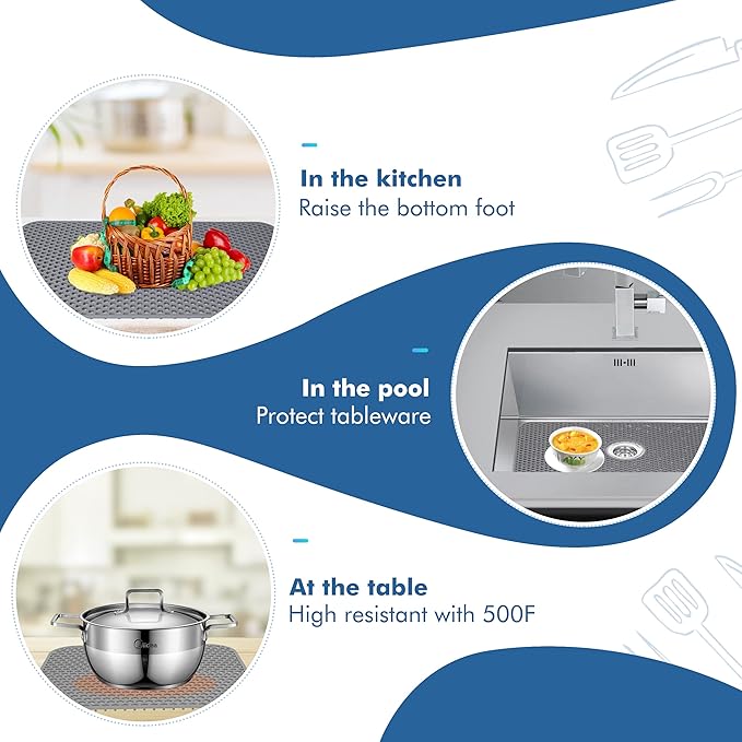 Silicone Sink Mat - 24.8''x13'' Sink Protector for Kitchen Sink with Center Drain - Kitchen Grid Accessory, Non-slip Heat Resistant Mat for Bottom of Farmhouse Stainless Steel (Center Hole)