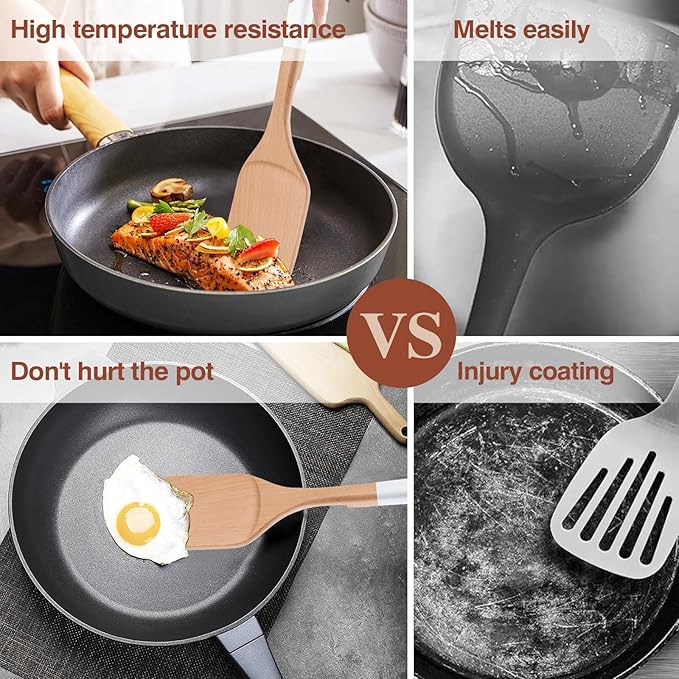 Wooden Spoons For Cooking, 6 PCS Natural Beech Wooden Cooking Utensils, Smooth Grip Wood Cooking Spoons with Hanging Hole, Non-Stick Wooden Utensil Set for Kitchen Essentials, White