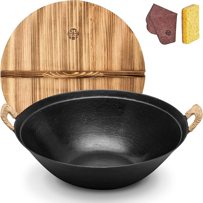 WANGYUANJI Handmade Cast Iron Wok 14.2 inch Large Woks Stir-Fry Pans with Dual Handle,Fry Pan Suitable for Induction, Electric, Gas, Halogen All Stoves-Black,Uncoated Craft Pot Healthy Cooking Wok
