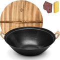 WANGYUANJI Cast Iron Wok Pan,13.4 inch Cooking Wok Stir Fry Pan with Dual Handle and Wooden Lid,Suitable for All Cooktops,Uncoated Chinese Traditional wok