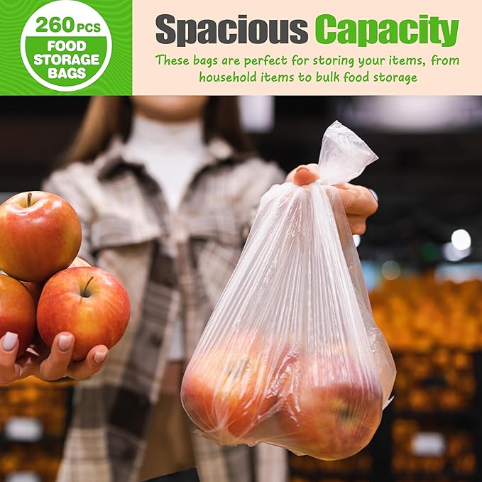 Teivio 260 Count 14" x 18" Plastic Produce Bags on A Roll, Clear Kitchen Disposable Plastic Storage Bags for Bread Fruit Vegetable