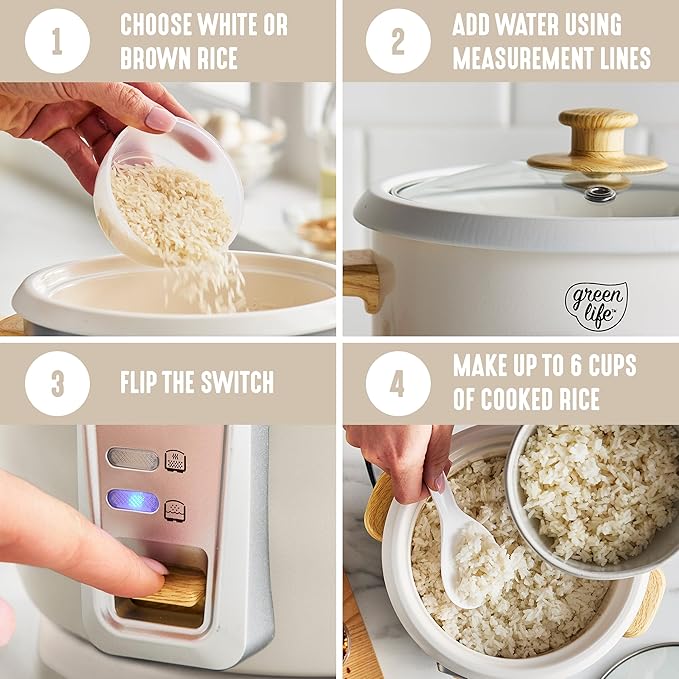 GreenLife Rice Cooker with Removable PFAS-Free Nonstick Pot, 3-Cups Uncooked/6-Cups Cooked, One-Switch Design, Auto Keep Warm Function, Soup, Grains, Oatmeal, Wood Handle, Cream