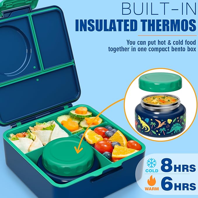Fimibuke Bento lunch Box Set for Kids Adult with 8oz Insulated Food Jar, Lunch Bag & Sauce Cup, Leakproof Dishwasher Safe Toddler Lunch Food Container with 3-4 Compartment for School Girls Boys