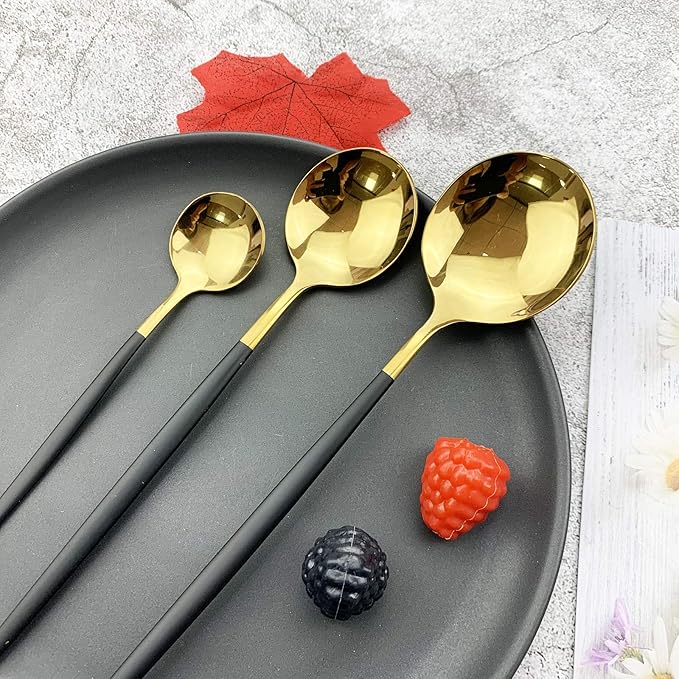 JASHII 18/10 Silver Silverware Set Stainless Steel Flatware Utensils Set Gold Cutlery Set| 36-Piece Modern Cubiertos Dorados| BEST Birthday Wedding Gift (6 sets, Black Handle Gold Mirror Polish)