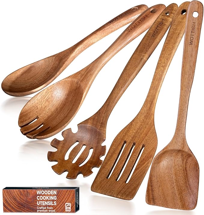 Wooden Spoons for Cooking - 5-Piece Wooden Kitchen Utensil Set made of Natural Solid Wood Material - Includes Salad Spoons, Spaghetti Spoon,Slotted Spatula, Salad Fork, Flat Spatula(A05)
