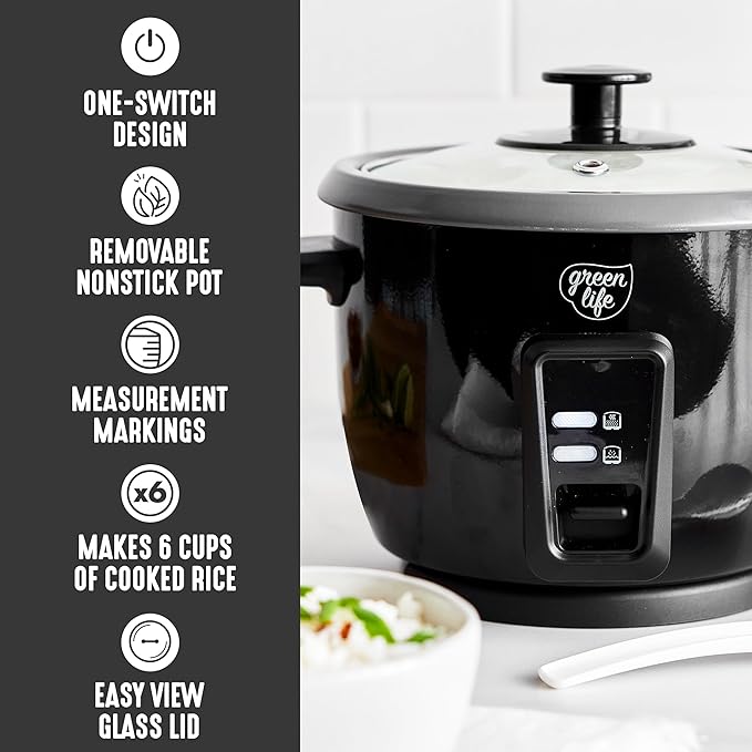 GreenLife Rice Cooker with Removable PFAS-Free Nonstick Pot, 3-Cups Uncooked/6-Cups Cooked, One-Switch Design, Auto Keep Warm Function, Soup, Grains, Oatmeal, Wood Handle, Black
