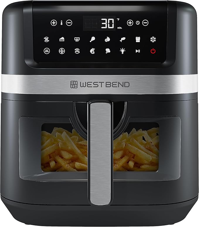 West Bend Air Fryer 7-Quart Capacity with Digital Controls View Window and 13 Cooking Presets, Nonstick Frying Basket, 1700-Watts, Black