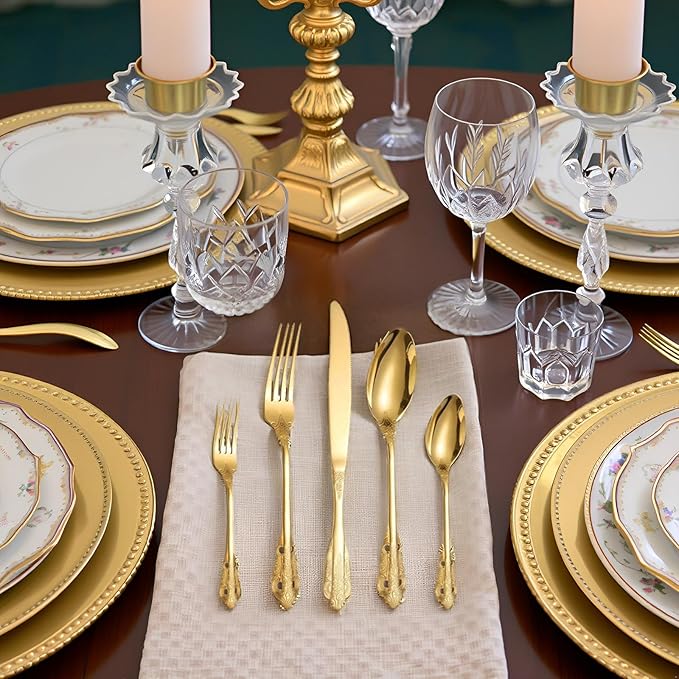 Royal Silverware Gold Retro Stainless Steel Flatware 40 Piece Forks Knives and Spoons Heavy Duty Kitchen Utensil Daily Use Festival Parties