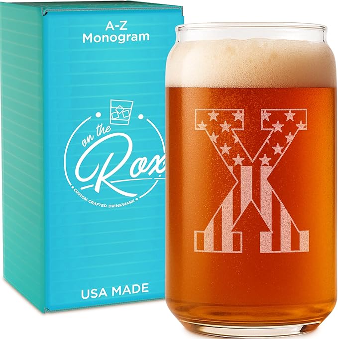 Monogram Beer Glasses for Men Women (A-Z) 16 oz - Beer Gifts for Men Brother Son Dad Neighbor - Unique Gifts for Him - Personalized Drinking Gift Beer Glass Mugs - Engraved Beer Can Glass ( X )