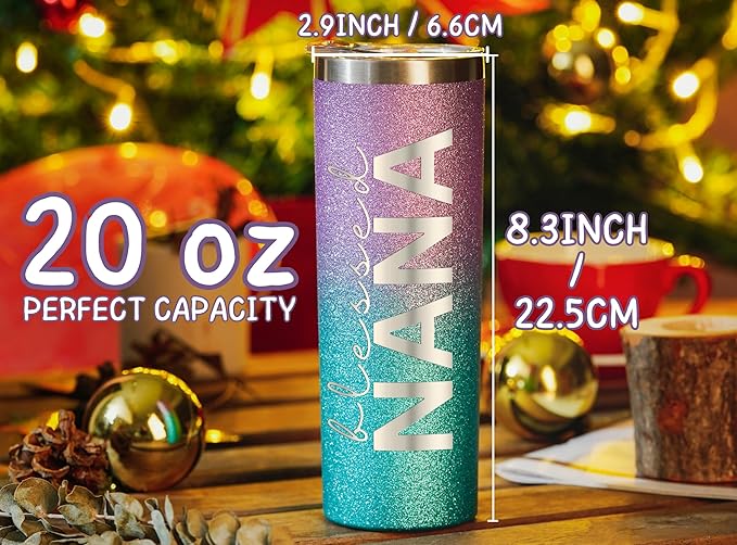 Onebttl Christian Grandma Gifts for Mother's Day, 20oz Purple & Blue Glitter Skinny Tumbler, Straw & Lid Included, Nana Gifts - Blessed Nana