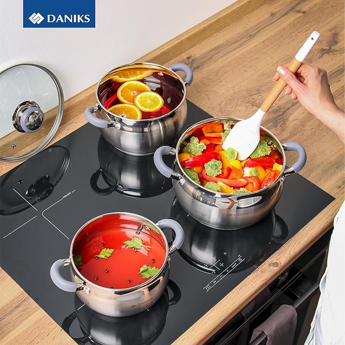 Daniks Modern 3 Quart Stainless Steel Stock Pot with Glass Lid, Tri-Ply Bottom for Even Heating, Induction Compatible, Dishwasher Safe, Heatproof Handles