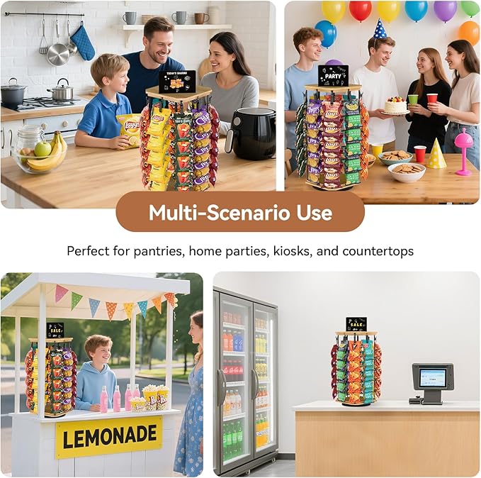 Chip Rack Display Stand, 5 Tiers 40 Clips Snack Organizer, 360°Rotating Wooden Base Chip Display Rack for Concession Stand, Countertop, Snack Stand, Party, With Message Board