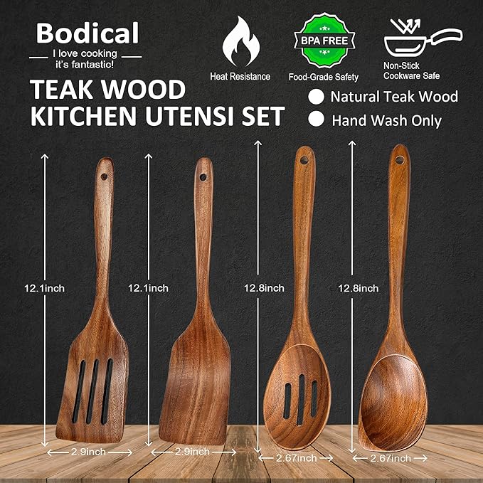 Wooden Spoons for Cooking, 4 Piece Natural Premium Teak Wooden Cooking Utensils Set, Heat Resistant Large Kitchen Wooden Spoons and Wooden Spatula for Nonstick Cookware Cooking Gifts