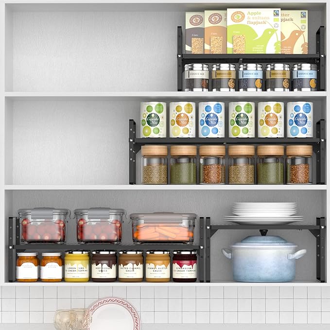 Cabinet Organizer Shelves,Expandable Spice Racks,Stackable Countertop Organizer,Adjustable Shelves for Under Sink,Storage Racks for Kitchen Bathroom Home Office,Black,3 Packs